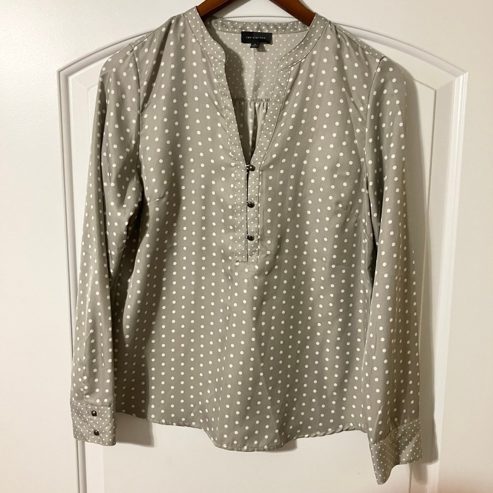 The Limited Womens Shirt Blouse Top Medium Gray Polka Dot Long Sleeve‎